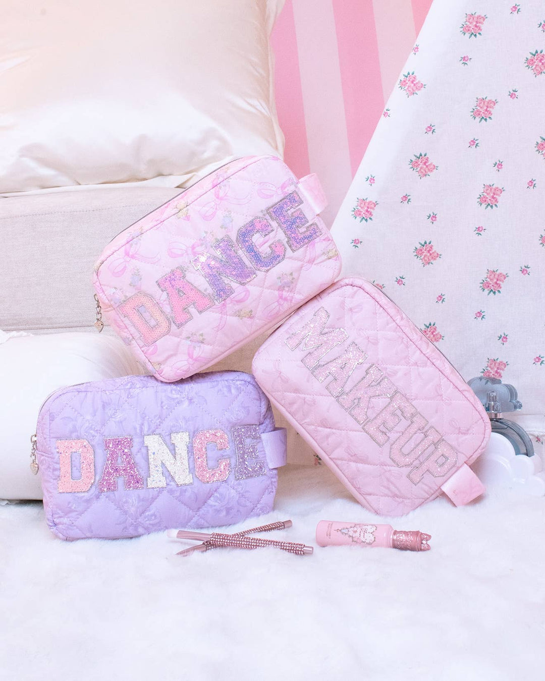 'DANCE' Cherry Bow Printed Quilted Pouch