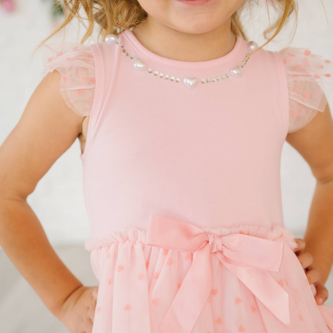 Flocked Heart Valentine's Day Tiered Short Sleeve Tutu Dress