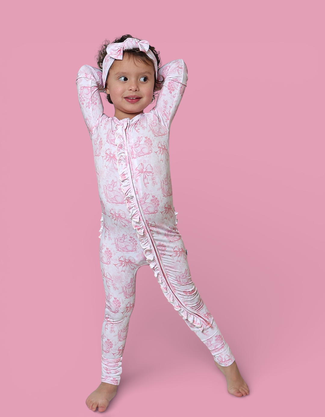 BLUSH BUNNY TOILE DREAM RUFFLE ROMPER