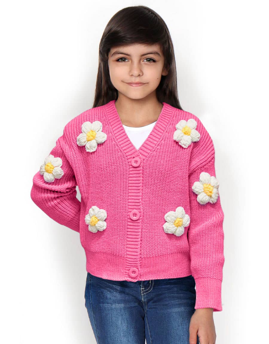 GWS-Y24-9034A Girl's Cardigan Sweater W/ Flower Applique: Rosy Pink / 5