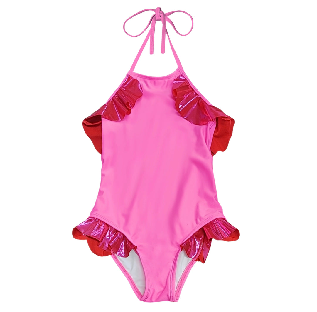 Neon & Metallic Pink Ruffle Halter Swimsuit