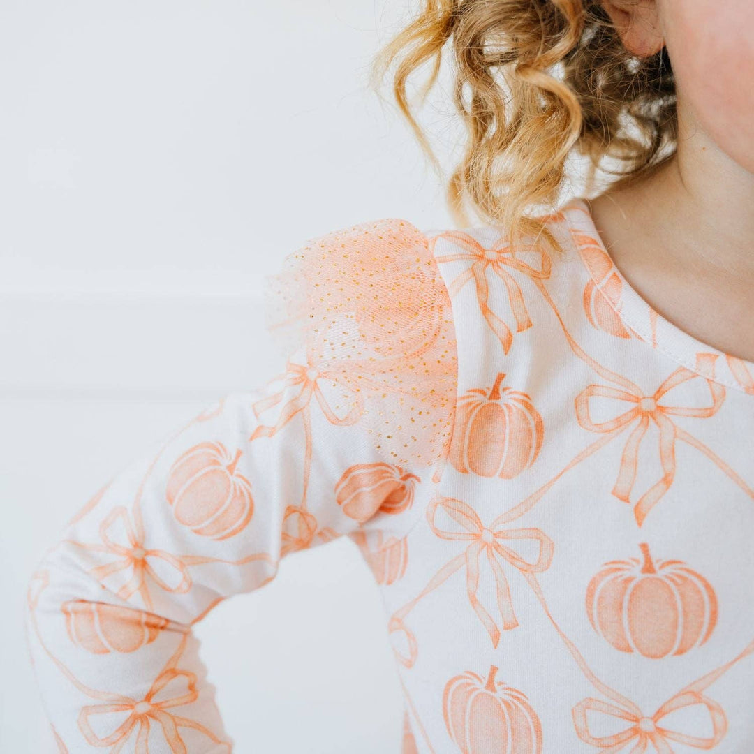 Pumpkin Bow Trellis Long Sleeve Tutu Dress - Kids Clothing