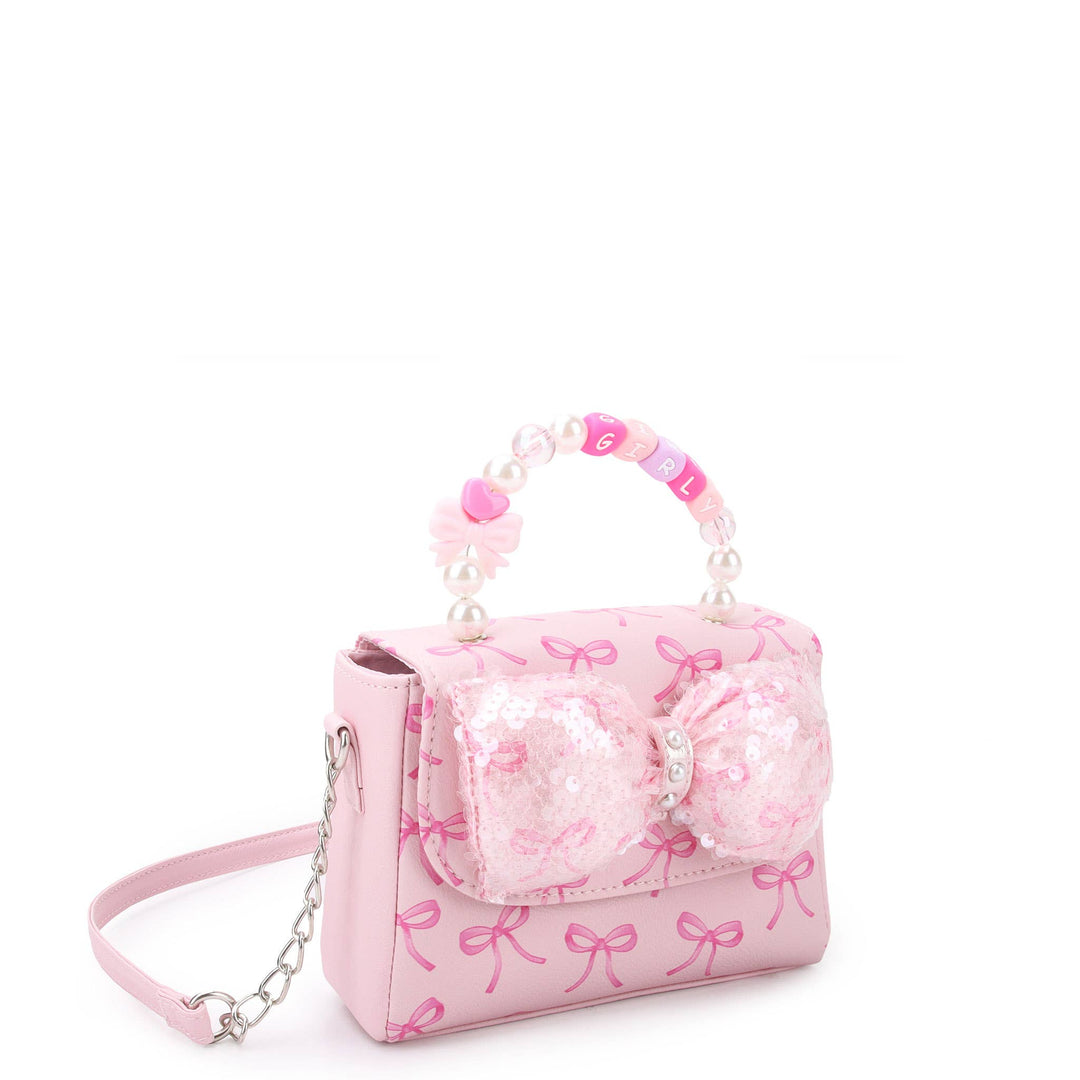 Sequin Bow Printed Mini Flap Crossbody with Beaded Handle