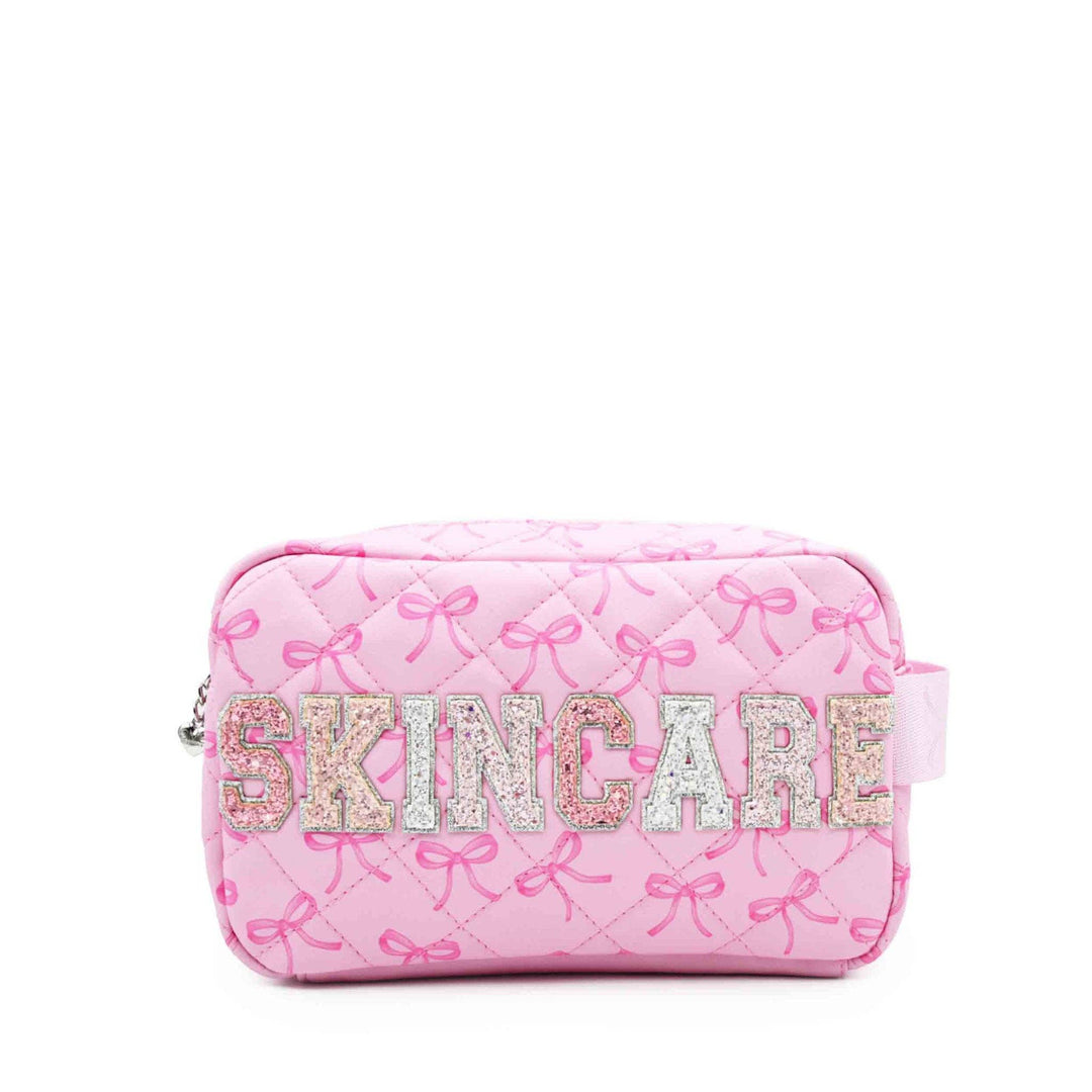 'SKINCARE' Quilted Bow Printed Pouch