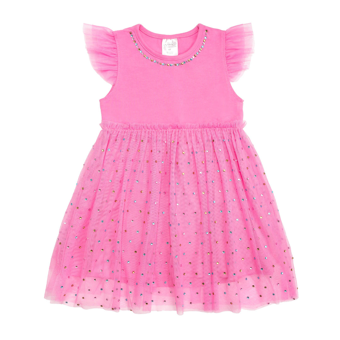 Raspberry Rhinestone Short Sleeve Tutu Dress - Kids Clothing