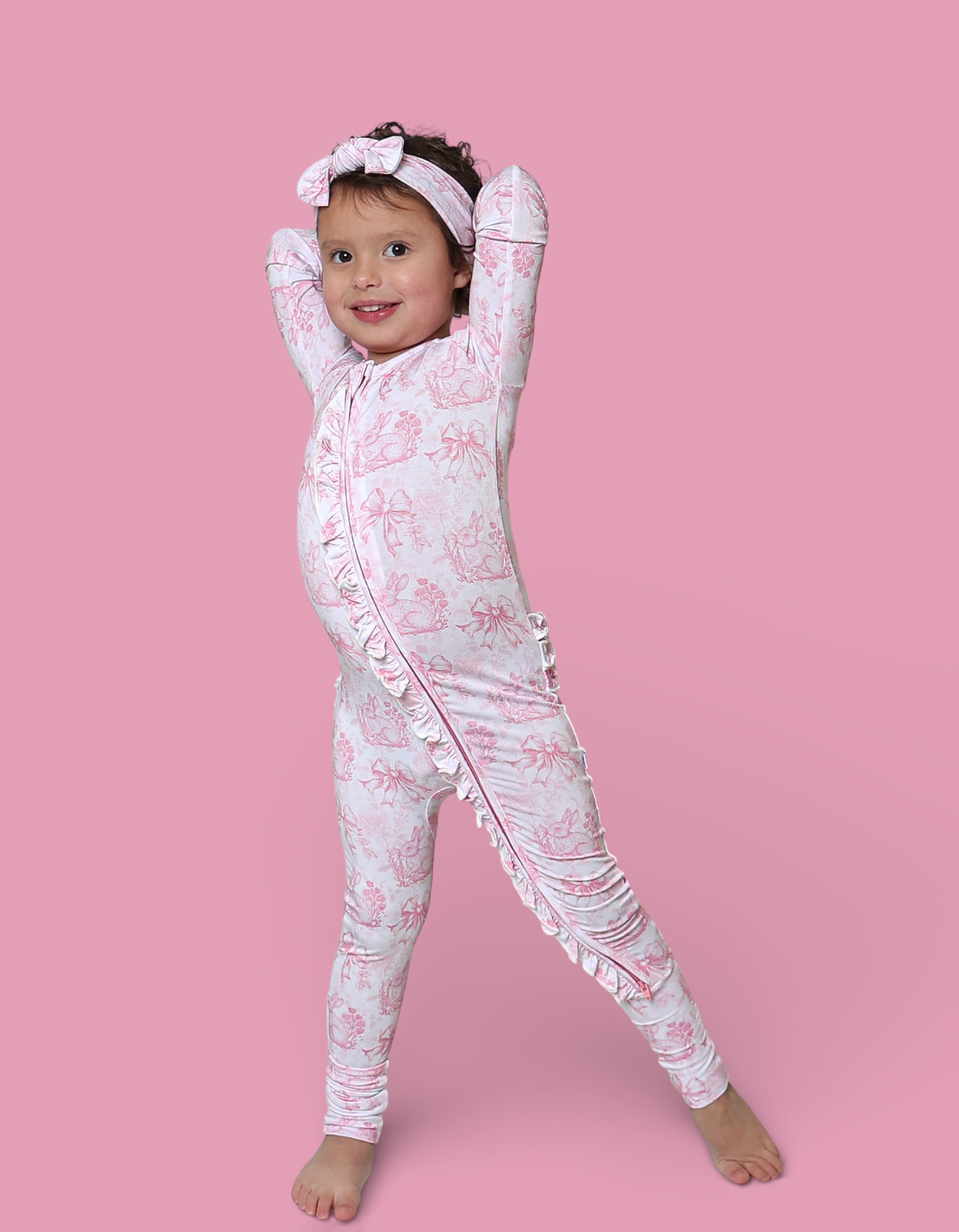 BLUSH BUNNY TOILE DREAM RUFFLE ROMPER