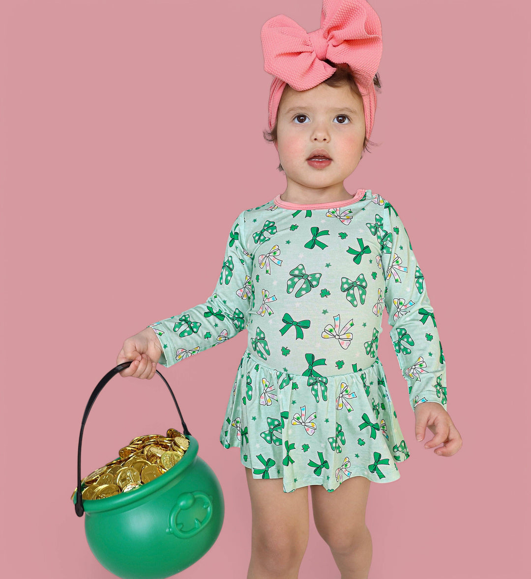 CLOVER BOWS LONG SLEEVE DREAM BODYSUIT DRESS: 18-24M