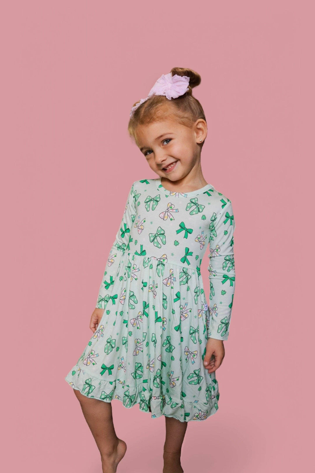 CLOVER BOWS LONG SLEEVE DREAM RUFFLE DRESS: 2T