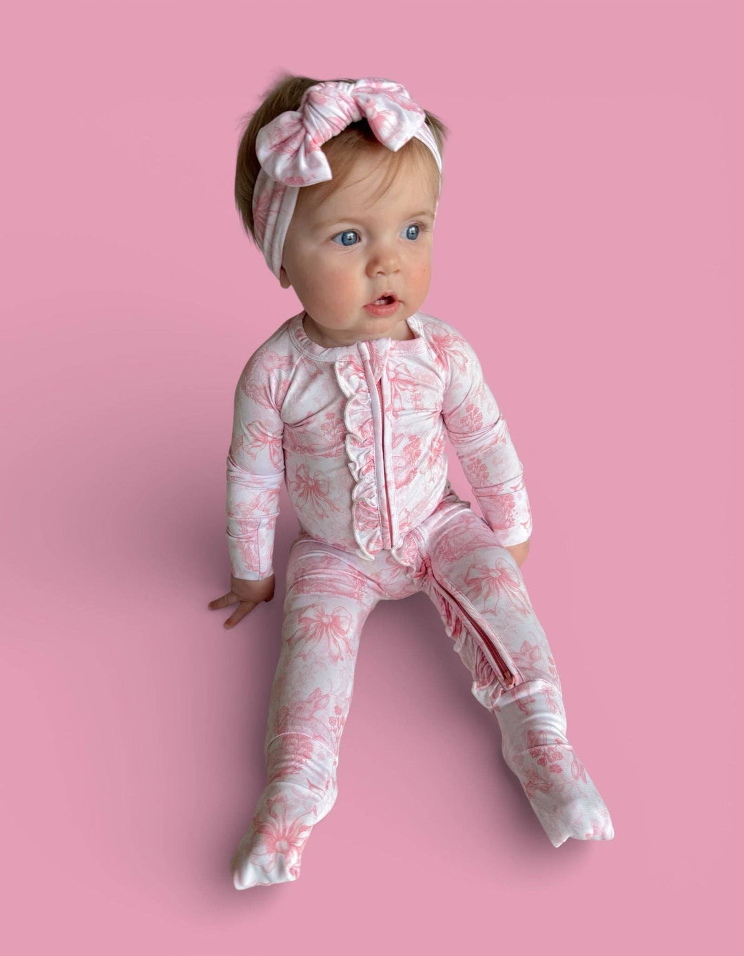 BLUSH BUNNY TOILE DREAM RUFFLE ROMPER