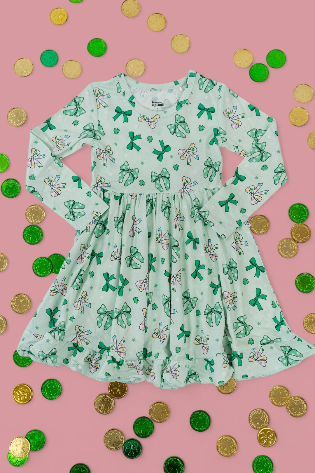 CLOVER BOWS LONG SLEEVE DREAM RUFFLE DRESS: 2T