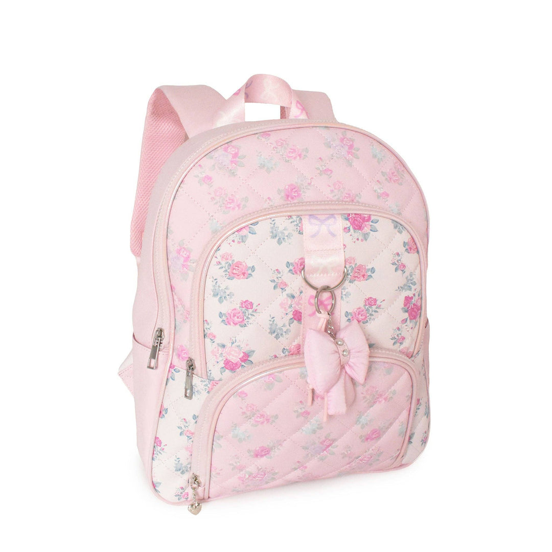 Floral Quilted Large Backpack with Bow Charm