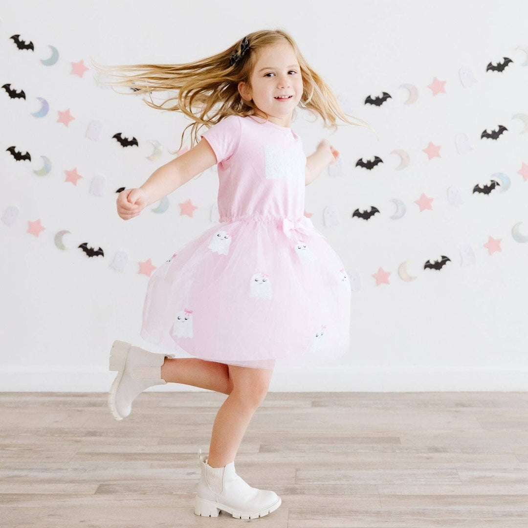 Boo Sequin Patch Halloween Short Sleeve Tutu Dress - Kids