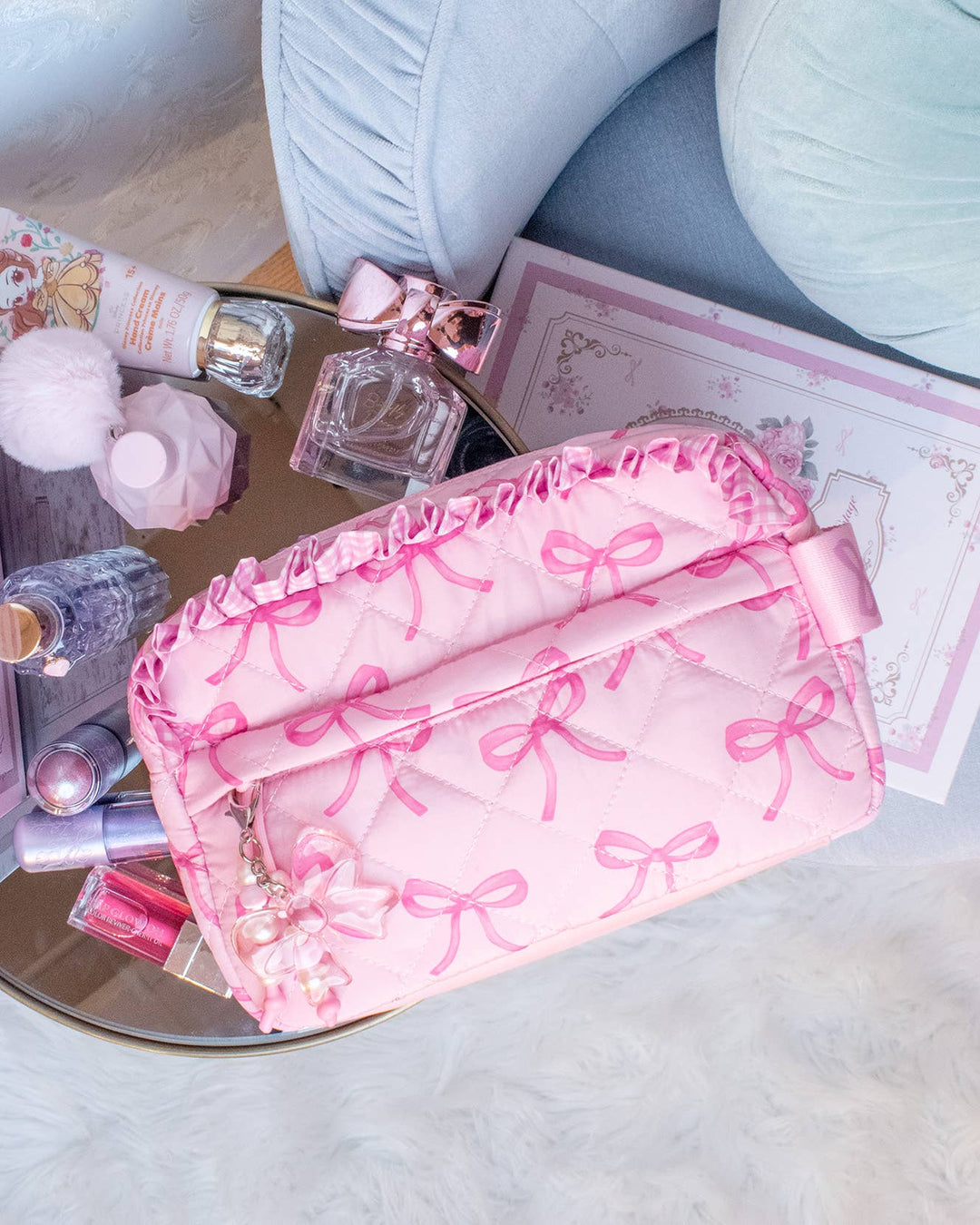Quilted Bow Printed Pouch with Charm
