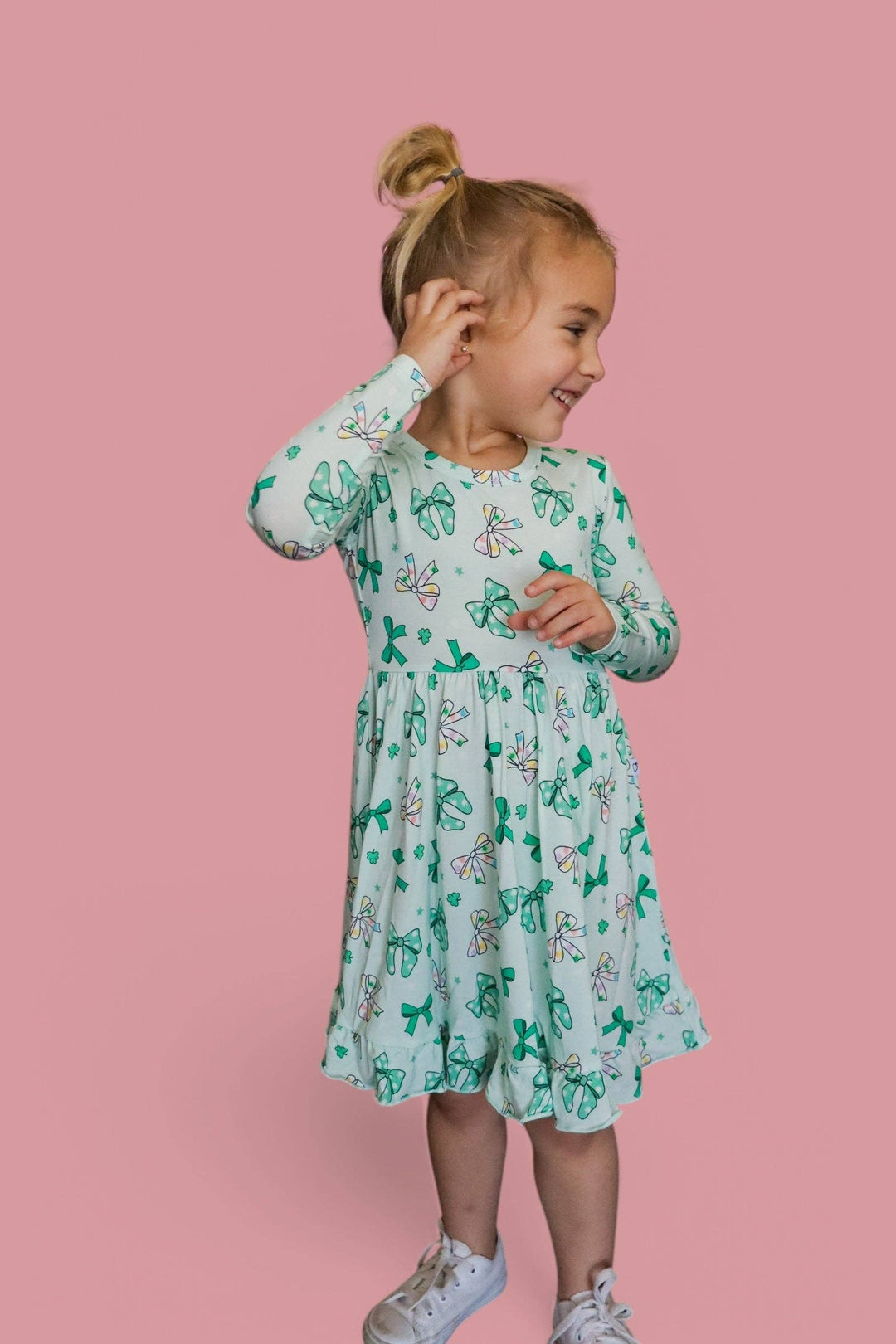 CLOVER BOWS LONG SLEEVE DREAM RUFFLE DRESS: 2T