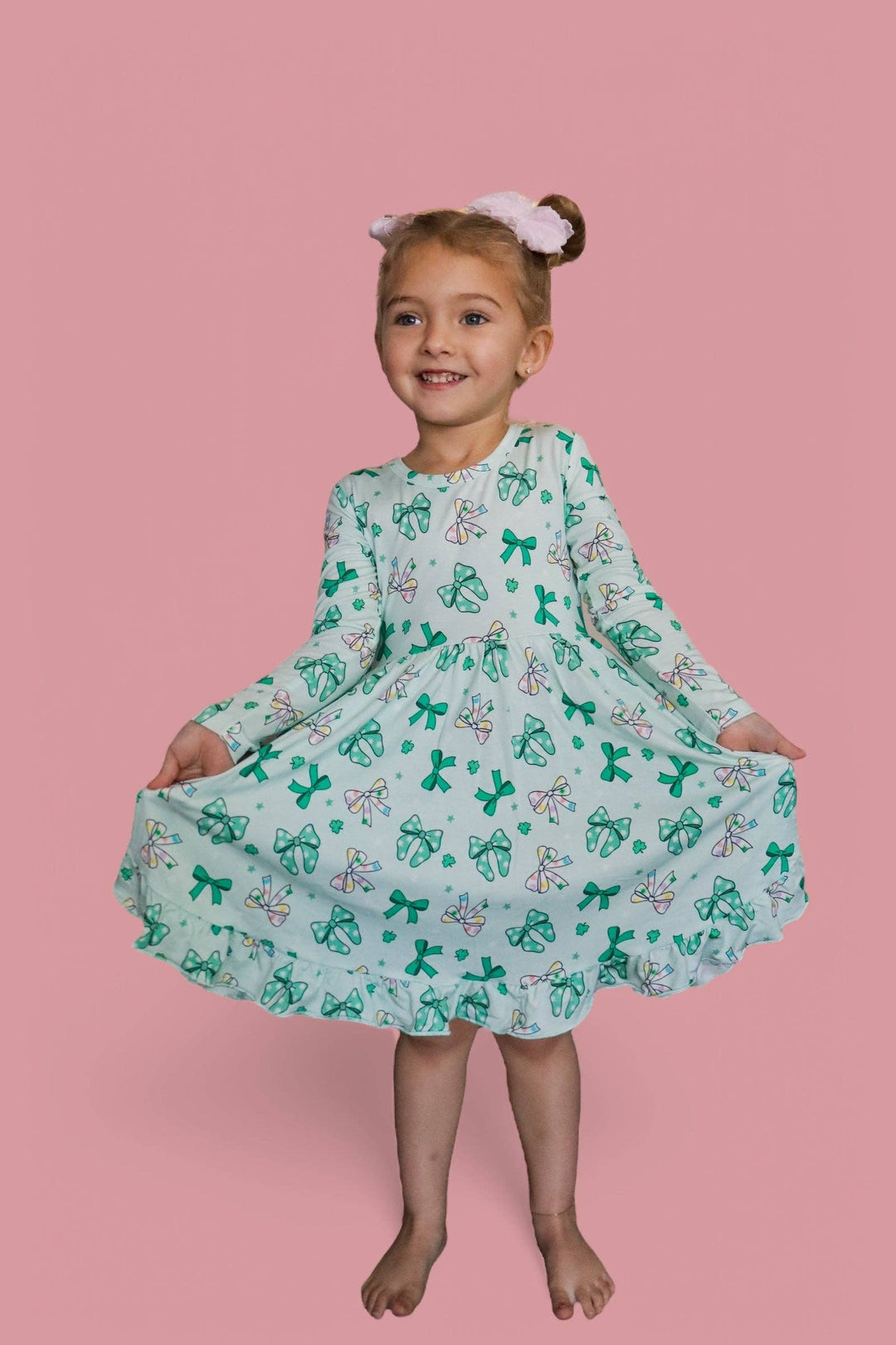 CLOVER BOWS LONG SLEEVE DREAM RUFFLE DRESS: 2T