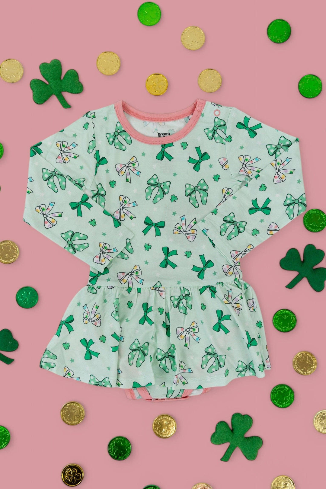 CLOVER BOWS LONG SLEEVE DREAM BODYSUIT DRESS: 12-18M