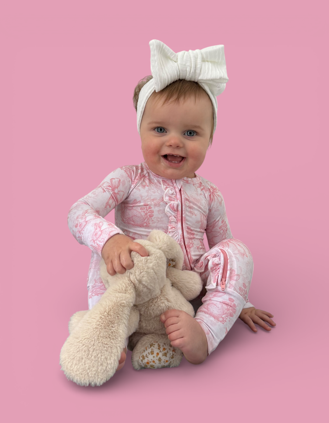 BLUSH BUNNY TOILE DREAM RUFFLE ROMPER